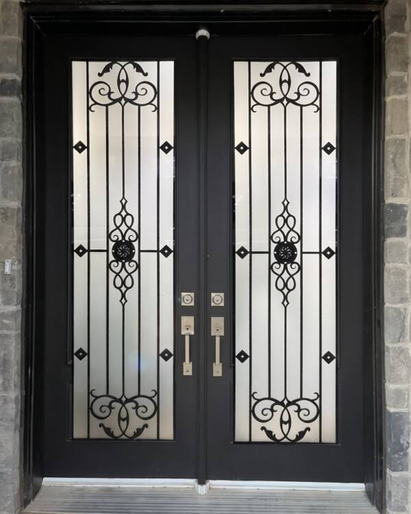 Model 2080 wrought iron inserts in a black double door