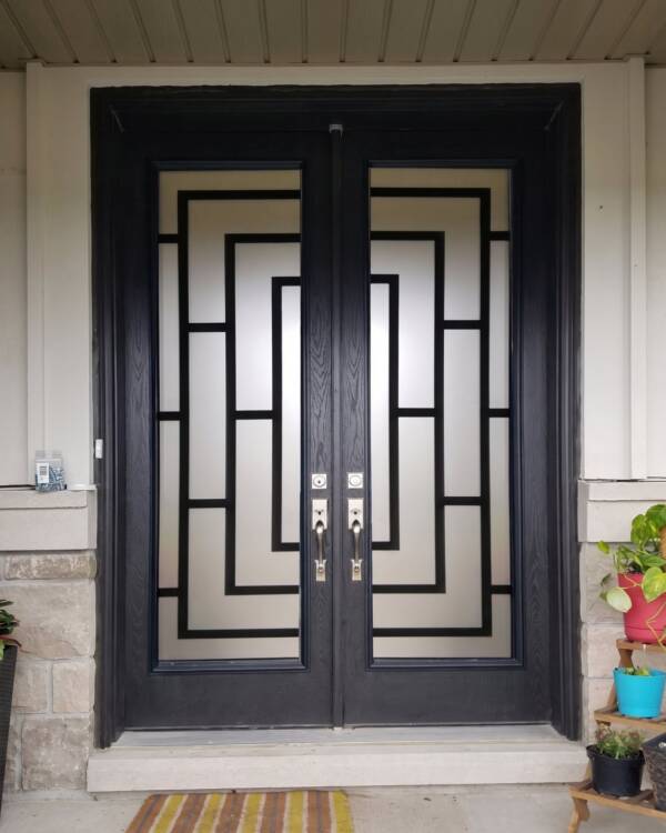 Custom modern wrought iron inserts in a double door