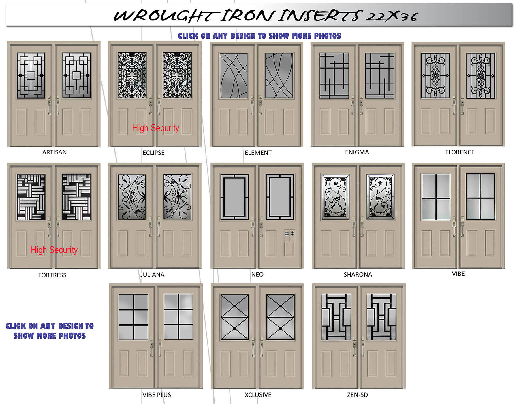 Wrought iron inserts, 22 × 36: 12 designs, each drawn on the same door