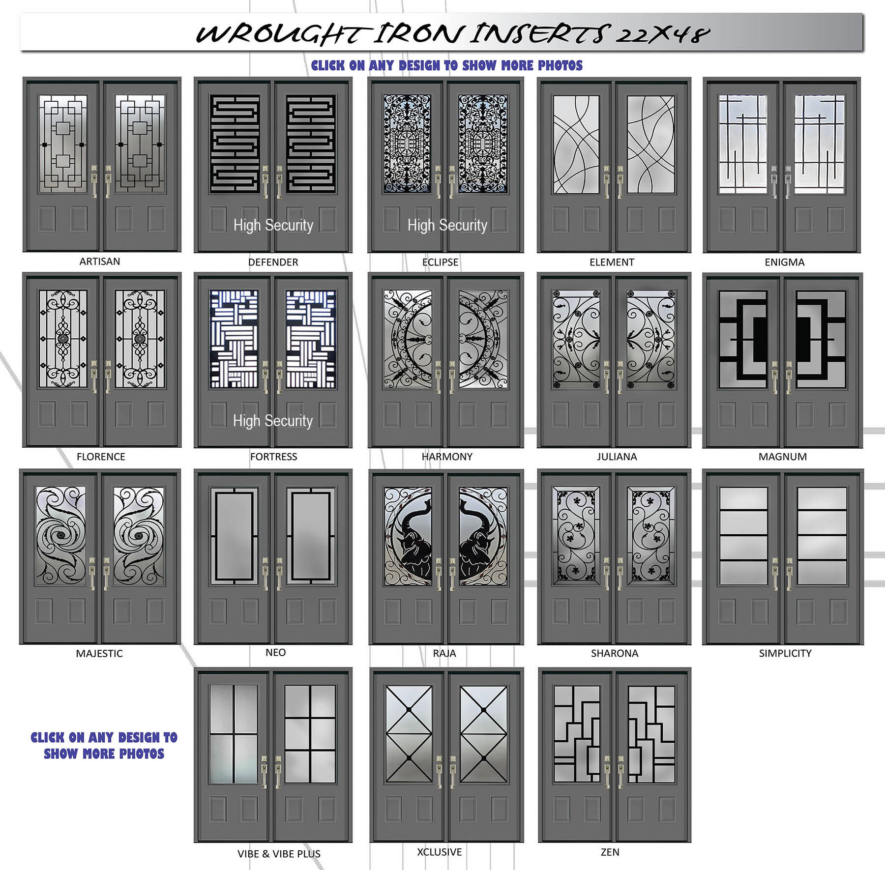 Wrought iron inserts, 22 × 48: 18 designs, each drawn on the same door