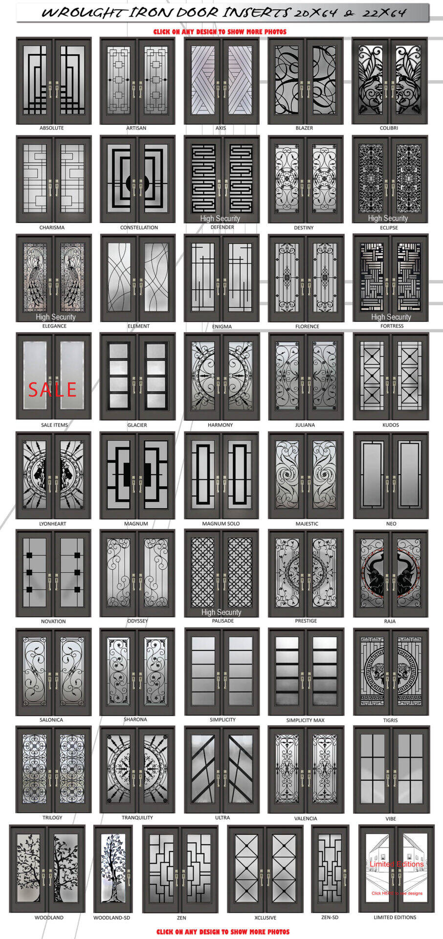 Wrought iron inserts, 20 × 64 and 22 × 64: 46 designs, each drawn on the same door