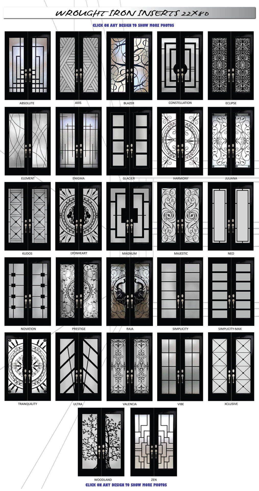Wrought iron inserts, 22 × 80: 27 designs, each drawn on the same door