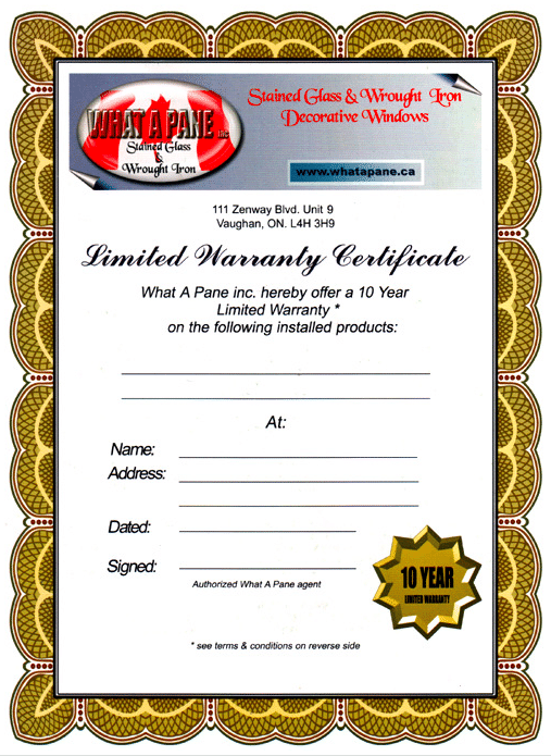 The What A Pane limited warranty certificate, offering a 10 year limited warranty on the installed products
