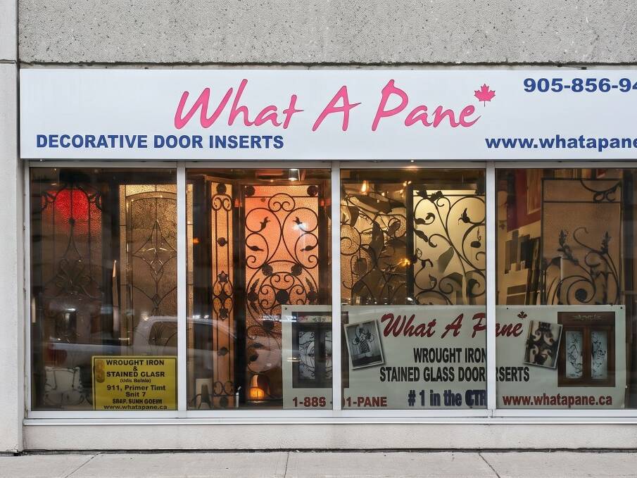 The What A Pane showroom on Zenway Boulevard, Vaughan, lit at night