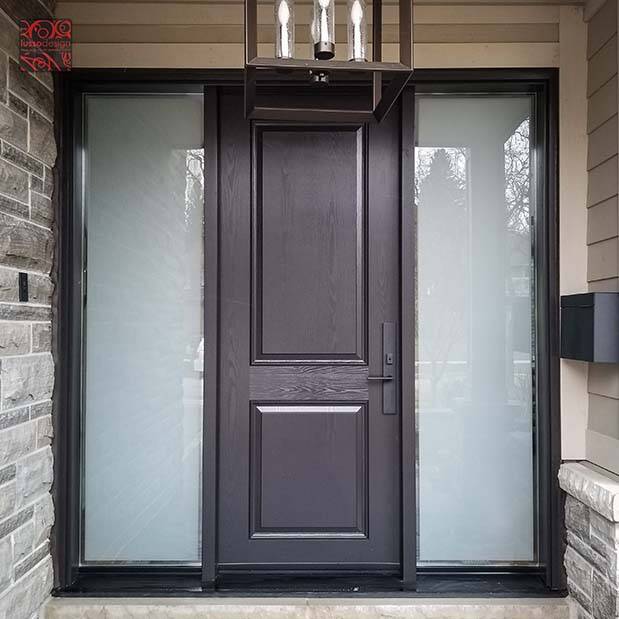 A dark exterior door with frosted sidelites