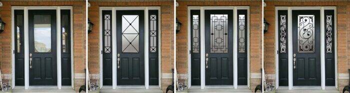 The same front door with sidelites shown four times: as it is, then with three wrought iron insert designs