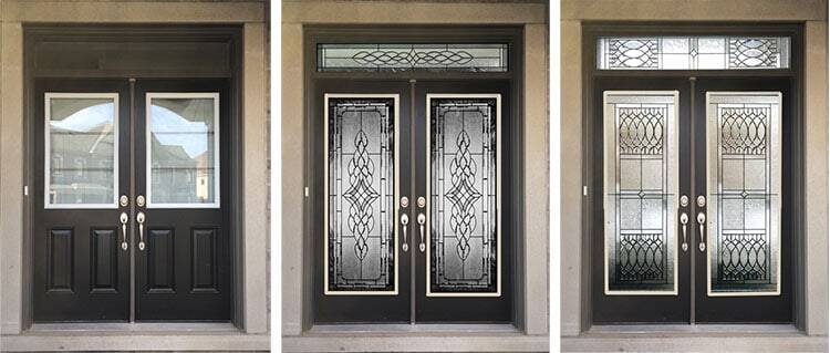 A double front door with a transom shown three times: as it is, then with two stained glass insert designs