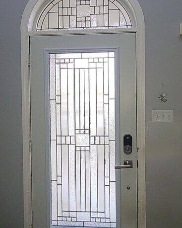 Moderna stained glass door insert, installed (photo 12)