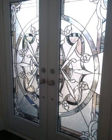 Mystique stained glass door insert, installed (photo 2)