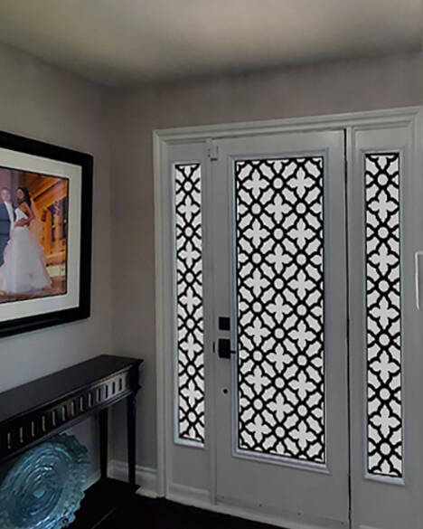 Palisade laser cut iron door insert, installed (photo 2)