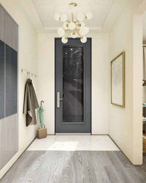A black door with black blinds in a bright hallway