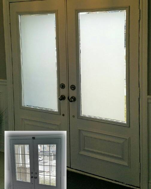 Sandblast decorative glass door insert, installed (photo 2)