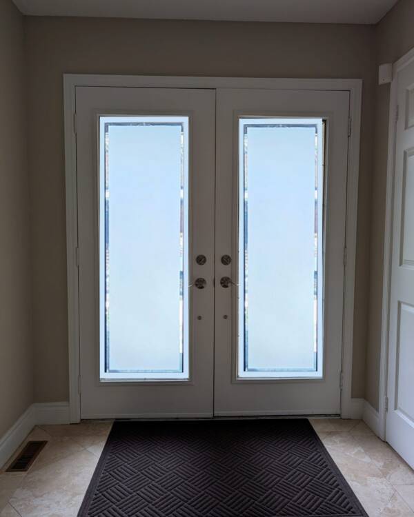 Sandblast decorative glass door insert, installed (photo 5)