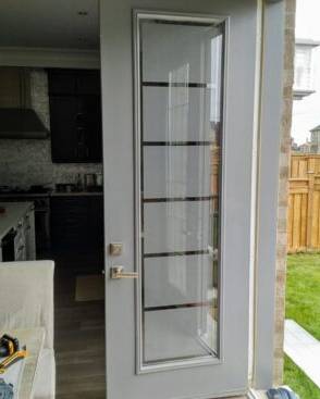 Sandblast decorative glass door insert, installed (photo 8)