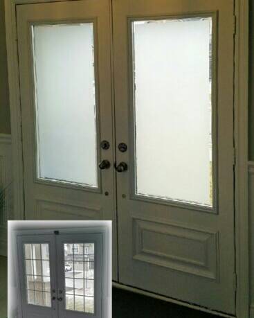 Sandblast decorative glass door insert, installed (photo 11)
