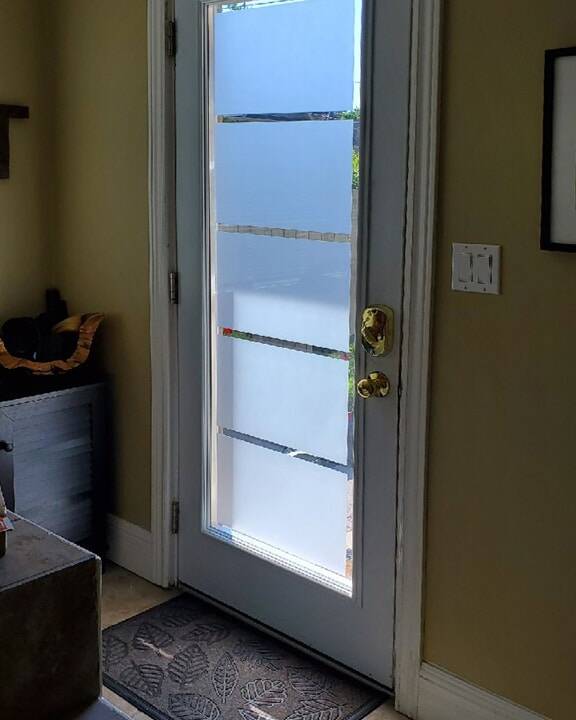Sandblast decorative glass door insert, installed (photo 12)