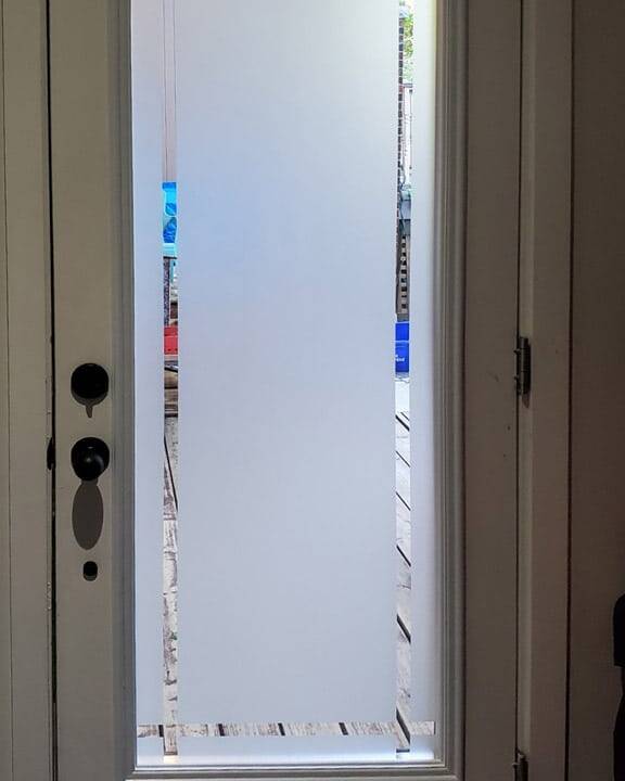 Sandblast decorative glass door insert, installed (photo 13)