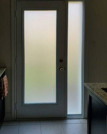 Sandblast decorative glass door insert, installed (photo 14)