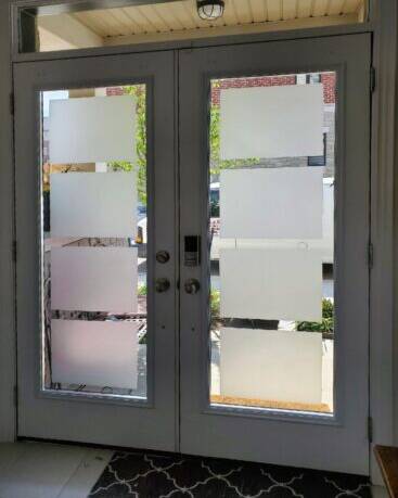 Sandblast decorative glass door insert, installed (photo 16)