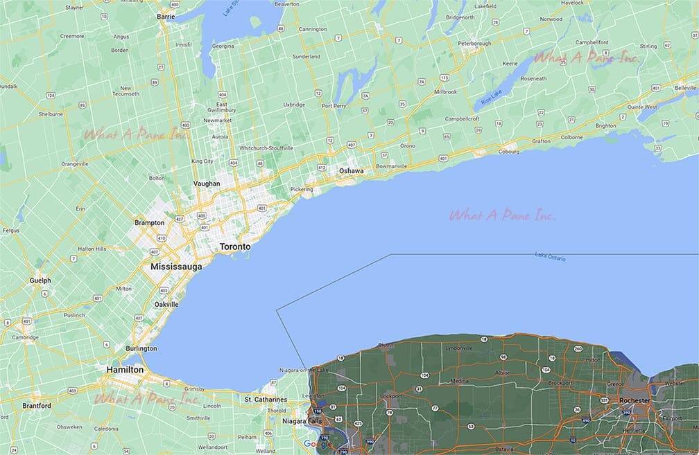 Map of southern Ontario around the western end of Lake Ontario, from Barrie and Newmarket down to Toronto, Hamilton and Niagara