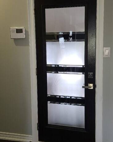 Simplex stained glass door insert, installed (photo 4)