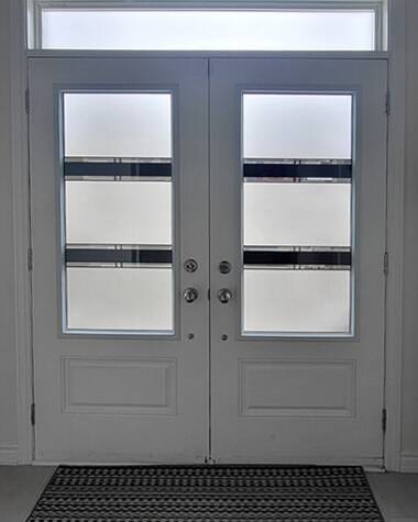 Simplex stained glass door insert, installed (photo 10)