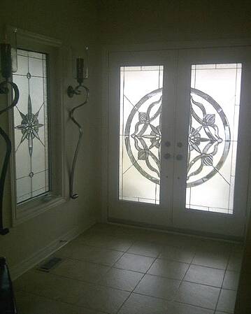 Solstice stained glass door insert, installed (photo 2)