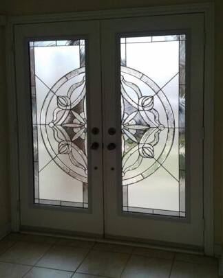 Solstice stained glass door insert, installed (photo 8)