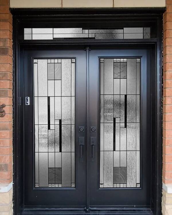 WP-1840 stained glass inserts in a double door with a transom