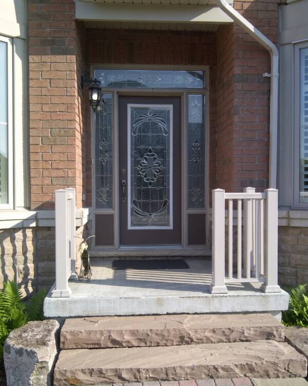 A Krystal stained glass insert in a front door