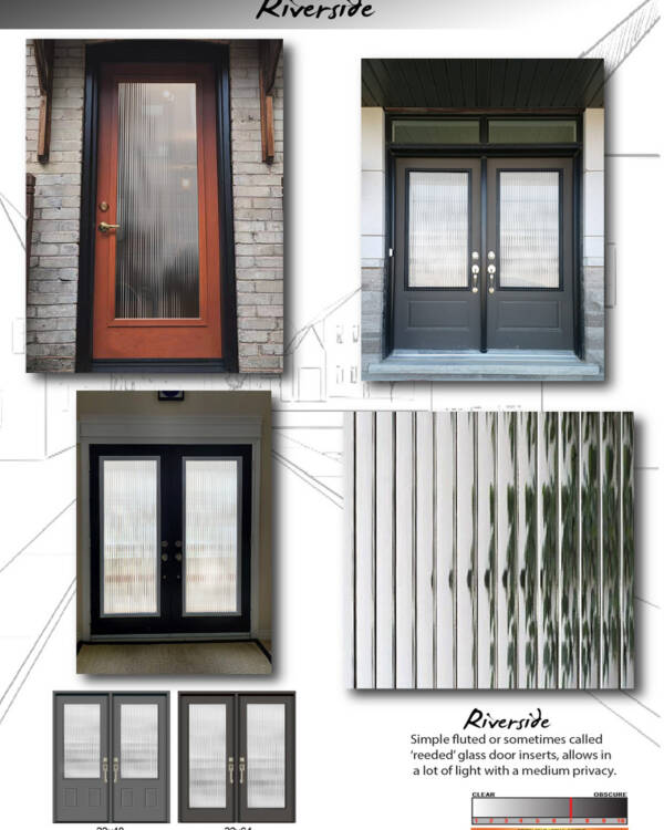 The Riverside stained glass design, shown in several door styles