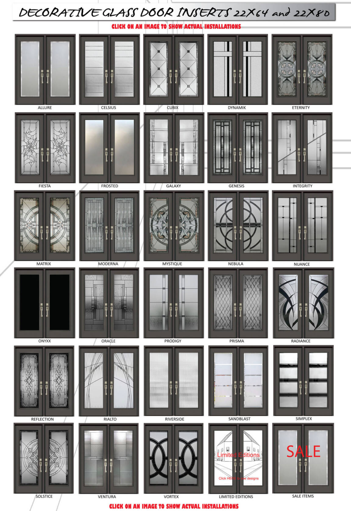 Stained glass inserts, 22 × 64 and 22 × 80: 30 designs, each drawn on the same door